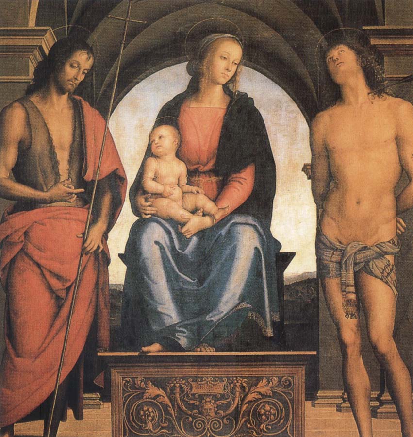 The Madonna and the Nino enthroned, with the Holy Juan the Baptist and Sebastian